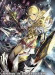  bangs blonde_hair braid cape commentary_request company_name copyright_name crown_braid daigoman eyebrows_visible_through_hair feather_trim fire_emblem fire_emblem_cipher fire_emblem_heroes gloves green_eyes long_hair multicolored_hair multiple_boys official_art pink_hair polearm puffy_sleeves sharena shield shorts skirt smile solo_focus spear thighhighs torn_clothes torn_skirt weapon 