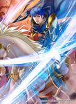  blue_eyes blue_hair boots cape company_name faceless faceless_male finn_(fire_emblem) fire_emblem fire_emblem:_seisen_no_keifu fire_emblem:_thracia_776 fire_emblem_cipher horse horseback_riding kita_senri male_focus official_art open_mouth polearm riding rock solo_focus spear teeth weapon 