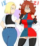  2girls android_18 android_21 ass black_legwear blonde_hair blue_eyes breasts brown_hair curly_hair curvy denim dragon_ball dragon_ball_fighterz dragon_ball_super dragonball_z dress earrings glasses gloves highres hoop_earrings huge_breasts jeans jewelry jinu long_hair looking_at_viewer multicolored_clothes multicolored_dress multiple_girls short_hair thick_thighs vest wide_hips 