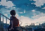  backpack bag black_hair black_skirt blue_shirt blue_sky braid city cityscape cloud cloudy_sky commentary_request day facing_away from_behind highres holding holding_paper long_hair meteorite_(object) omutatsu original outdoors paper railing shirt short_sleeves skirt sky solo stairs standing sunlight twin_braids 