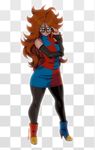  1girl android_21 arm_warmers big_hair black-framed_glasses black_legwear blue_eyes breasts curly_hair curvy detached_sleeves dragon_ball dragon_ball_fighterz earrings glasses high_heel_boots high_heels highres hoop_earrings jewelry long_hair multicolored_boots multicolored_clothes multicolored_dress nail_polish pantyhose red_hair serious thighs tovio_rogers 