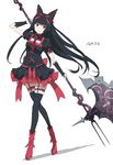  absurdres animal_ears black_dress black_hair black_legwear boots cat_ears choker copyright_name detached_sleeves dress fake_animal_ears floating_hair full_body garter_straps gate_-_jieitai_ka_no_chi_nite_kaku_tatakaeri gothic_lolita hair_ribbon halberd head_tilt highres holding holding_weapon kumamoto_nomii-kun lolita_fashion long_hair necktie polearm red_eyes red_footwear red_ribbon ribbon rory_mercury shadow short_dress short_sleeves simple_background smile solo standing thigh_strap thighhighs very_long_hair weapon white_background 