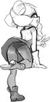  1girl arm_support ass bare_shoulders cheez_(chzjay) condom condom_in_mouth condom_packet_strip detached_collar dress from_behind full_body gloves greyscale half-closed_eyes hand_up hotaru_(splatoon) leaning_forward leg_lift legs_apart looking_at_viewer looking_back looking_to_the_side monochrome mouth_hold panties panties_under_pantyhose pantyhose sharp_teeth shoes short_dress short_hair simple_background sketch smile solo splatoon standing standing_on_one_leg strapless_dress teeth tentacle tentacle_hair tied_hair underwear upskirt v white_background 