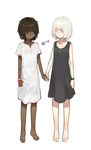  :o albino bad_id bad_pixiv_id barefoot black_dress black_eyes black_hair bracelet dark_skin dress fish_scales full_body holding_hands jewelry looking_at_another multiple_girls ohisashiburi original pale_skin parted_lips red_eyes short_hair short_sleeves simple_background skirt_hold sleeveless smile standing white_background white_dress white_hair 