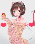  :3 animal_ears arched_back bare_shoulders blush bob_cut breasts brown_hair cake cat_tail cleavage collarbone earrings eyebrows_visible_through_hair fingernails food fork green_eyes grey_background hair_ornament hairband hairclip highres holding idolmaster idolmaster_cinderella_girls jewelry looking_at_viewer maekawa_miku medium_breasts najuco_(naju0517) neck_ribbon off_shoulder plate red_ribbon ribbon shiny shiny_skin short_hair solo spaghetti_strap standing strawberry_shortcake tail tail_ribbon upper_body 