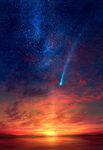  cloud cloudy_sky commentary_request gradient_sky highres horizon lake mks night night_sky no_humans original outdoors red_sky reflection scenery shooting_star sky star_(sky) starry_sky sunset water_surface 