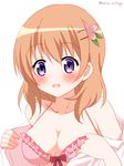  blue_eyes blush bra breasts brown_hair cleavage collarbone eyebrows_visible_through_hair frilled_bra frills gochuumon_wa_usagi_desu_ka? hair_between_eyes hair_ornament hoto_cocoa long_hair medium_breasts nora_ichigo open_clothes open_shirt pink_bra shirt signature simple_background solo twitter_username underwear undressing upper_body wavy_mouth white_background white_shirt 