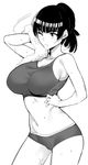  breasts ebino_mei greyscale hatsukoi_zombie huge_breasts monochrome navel one_eye_closed ponytail simple_background solo stomach tomohiro_kai towel underwear underwear_only white_background 