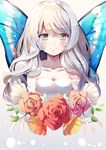  bad_id bad_pixiv_id bell blue_wings blush butterfly_wings closed_mouth collarbone commentary_request dress flower flower_request grey_hair hair_bell hair_ornament highres kouyafu long_hair looking_at_viewer open_hands original red_flower red_rose rose smile solo white_dress wings 