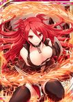  akkijin breasts card_(medium) cleavage dress fire large_breasts long_hair looking_at_viewer official_art open_mouth red_dress red_eyes red_hair shinkai_no_valkyrie smile solo thighhighs weapon 