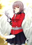  adjusting_clothes adjusting_gloves angel_wings artist_name belt black_skirt braid cowboy_shot dated eyebrows_visible_through_hair fate/grand_order fate_(series) feathered_wings florence_nightingale_(fate/grand_order) gloves long_hair military military_uniform miniskirt mugipot pantyhose pleated_skirt red_eyes signature silver_hair skirt solo standing uniform white_belt white_feathers white_gloves white_wings wings 