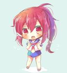  blue_sailor_collar blue_swimsuit chibi full_body green_background hair_ribbon i-168_(kantai_collection) kantai_collection kouu_hiyoyo long_hair neckerchief ponytail red_eyes red_hair red_neckwear ribbon sailor_collar sailor_shirt school_swimsuit school_uniform serafuku shirt simple_background solo standing swimsuit swimsuit_under_clothes white_ribbon 