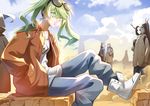  bad_id bad_pixiv_id bubble_blowing chewing_gum cross_akiha earrings eyewear_on_head green_eyes green_hair hatsune_miku jewelry long_hair looking_at_viewer sitting solo_focus suna_no_wakusei_(vocaloid) sunglasses twintails vocaloid 
