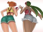  ass breasts commentary_request crop_top dark_skin facing_away flower from_behind from_below green_hair hair_flower hair_ornament holding holding_poke_ball kasumi_(pokemon) legs_together long_hair mao_(pokemon) medium_breasts multiple_girls orange_hair poke_ball pokemon pokemon_(anime) pokemon_(classic_anime) pokemon_sm_(anime) shorts side_ponytail simple_background standing suspenders twintails wanao white_background 