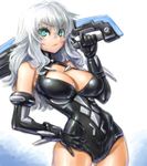  amania_orz aqua_eyes bare_shoulders black_heart breasts choujigen_game_neptune cleavage cowboy_shot elbow_gloves gloves leotard long_hair looking_at_viewer medium_breasts neptune_(series) solo sword symbol-shaped_pupils weapon white_hair 