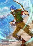  arrow artist_name bandages blue_eyes blue_hair boots bow_(weapon) company_name day faceless faceless_male fire_emblem fire_emblem:_thracia_776 fire_emblem_cipher headband holding holding_arrow holding_bow_(weapon) holding_weapon male_focus official_art quiver ronan_(fire_emblem) shiki_karuta ship sky solo_focus water watercraft weapon 