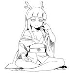  barefoot breasts character_request cleavage full_body greyscale hand_in_hair hand_on_hip horns indian_style japanese_clothes kimono long_hair monochrome no_panties obi obijime off_shoulder om_(nk2007) sash sitting small_breasts smile solo white_background 