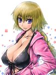  :d amania_orz bikini black_bikini blonde_hair blue_eyes blush braid breasts cleavage collarbone fate/apocrypha fate_(series) jacket jacket_over_swimsuit jeanne_d'arc_(fate) jeanne_d'arc_(fate)_(all) large_breasts long_hair looking_at_viewer open_clothes open_jacket open_mouth pink_jacket single_braid smile solo swimsuit 