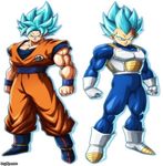  10s 2boys arc_system_works battle blue_eyes blue_hair boots dougi dragon_ball dragon_ball_fighterz dragon_ball_super full_body gloves highres looking_at_viewer male_focus multiple_boys muscle official_art saiyan serious short_hair son_gokuu spiked_hair standing super_saiyan_blue vegeta wristband 