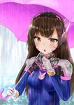  animal_print bangs blue_bodysuit bodysuit breasts brown_eyes brown_hair bunny_print d.va_(overwatch) facepaint facial_mark gloves headphones high_collar highres holding holding_umbrella long_hair looking_at_viewer open_mouth outdoors overwatch pilot_suit pink_umbrella racchi. rain ribbed_bodysuit shoulder_pads skin_tight small_breasts solo swept_bangs umbrella upper_body whisker_markings white_gloves 
