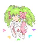  bangs dress drill_hair elbow_gloves empty_eyes falulu finger_to_mouth frilled_ribbon frills gloves green_hair grey_eyes hair_between_eyes hair_ribbon hands_up heart long_hair looking_at_viewer neck_ribbon ohisashiburi parted_lips pink_dress pink_ribbon pretty_(series) pripara puffy_short_sleeves puffy_sleeves ribbon short_sleeves simple_background solo tiara white_background white_ribbon 
