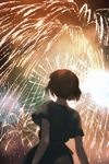  aerial_fireworks ajimita black_dress blurry blurry_foreground brown_hair commentary_request depth_of_field dress facing_away fireworks from_behind looking_up original short_hair short_sleeves solo standing 