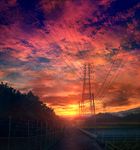  cloud cloudy_sky fence forest gradient_sky mks nature no_humans original outdoors power_lines railing red_sky rice_paddy road scenery sky sunlight sunset transmission_tower twilight 