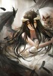  ahoge ainz_ooal_gown albedo ass bed_sheet black_hair black_wings breasts dakimakura_(object) demon_horns feathered_wings feathers hair_between_eyes highres horns indoors long_hair looking_at_viewer lying medium_breasts neko_(314089734) nude on_bed on_stomach overlord_(maruyama) parted_lips pillow pillow_hug skeleton smile solo wings yellow_eyes 
