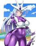  1girl artist_request blue_hair bodysuit breasts cooler_(dragon_ball) cosplay curvy dated dragon_ball dragonball_z fake_tail female happy ice king_of_fighters kula_diamond large_breasts long_hair looking_at_viewer nipples no_bra partially_visible_vulva purple_eyes shiny shiny_clothes shiny_hair sky snk solo the_king_of_fighters very_long_hair wink yoohi 