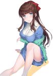  1girl arm_support artist_request blue_eyes blush breasts brown_hair female from_above hair_ribbon large_breasts long_hair looking_at_viewer new_game! parted_lips ponytail red_ribbon sitting solo takimoto_hifumi wavy_hair 