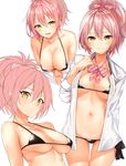  anza_tomo bangs bare_shoulders bikini bikini_under_clothes black_bikini blush bow bowtie breasts cleavage collarbone dress_shirt hair_between_eyes hair_bow highres hips idolmaster idolmaster_cinderella_girls jougasaki_mika looking_at_viewer looking_to_the_side medium_breasts micro_bikini multiple_views navel off_shoulder open_mouth parted_lips pink_bow pink_hair ponytail shirt side-tie_bikini simple_background sleeves_rolled_up smile striped striped_bow striped_neckwear swimsuit thighs unbuttoned unbuttoned_shirt white_background yellow_eyes 