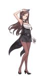  adapted_uniform arm_up armpits belt black_bow black_footwear black_neckwear bow bowtie breasts brown_hair card cleavage dorothy_(princess_principal) full_body high_heels highres large_breasts long_hair looking_at_viewer makaria official_art pantyhose playing_card princess_principal princess_principal_game_of_mission purple_eyes shoes smile solo standing transparent_background wrist_cuffs 