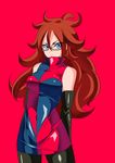  android_21 bare_shoulders black-framed_eyewear blue_eyes breasts brown_hair curly_hair detached_sleeves dragon_ball dragon_ball_fighterz dress earrings glasses hoop_earrings jewelry long_hair looking_at_viewer medium_breasts nail_polish pantyhose red_hair smile solo warabimochii 