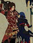  1boy 1girl armor au_ra blue_eyes blue_hair brown_hair dante_redstone final_fantasy_xiv green_eyes horns scales tail 