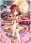  akkijin blue_dress brown_hair card_(medium) cherry_blossoms dress flower gauntlets hair_flower hair_ornament long_hair looking_at_viewer lotus moon night night_sky official_art peach_blossom pink_eyes red_flower red_rose rose shinkai_no_valkyrie sitting sky smile solo sword tiara weapon 