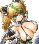  :d amania_orz aqua_eyes bare_shoulders blonde_hair breasts cleavage closed_mouth dress elbow_gloves gauntlets gene_(pso2) gloves hair_between_eyes halterneck headgear large_breasts long_hair looking_at_viewer looking_up open_mouth phantasy_star phantasy_star_online_2 short_dress sketch smile solo thighhighs twintails white_dress 