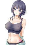  asaka_karin bad_id bad_pixiv_id bare_shoulders black_hair blue_eyes blush breasts check_commentary commentary commentary_request comugico covered_nipples highres large_breasts long_hair love_live! love_live!_school_idol_festival midriff mole navel perfect_dream_project smile solo sports_bra tank_top undressing vibrator 