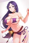 absurdres bare_shoulders bikini blush breasts choker cleavage collarbone commentary cowboy_shot eyepatch_bikini fate/grand_order fate_(series) highres huge_breasts long_hair looking_at_viewer low-tied_long_hair minamoto_no_raikou_(fate/grand_order) minamoto_no_raikou_(swimsuit_lancer)_(fate) navel purple_bikini purple_eyes purple_hair sendrawz smile solo swimsuit very_long_hair 