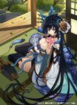  black_hair black_legwear black_nails blue_eyes breasts cleavage hair_ornament huge_breasts leaf long_hair nail_polish official_art sengoku_taisen sitting smile solo tatami thighhighs very_long_hair yokozuwari yuu_(higashi_no_penguin) 