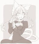  animal_ears bow braid breasts cat_ears cat_tail claws cleavage_cutout commentary_request dress extra_ears fang greyscale hair_between_eyes hair_bow hand_up juliet_sleeves kaenbyou_rin long_hair long_sleeves looking_at_viewer monochrome open_mouth pointy_ears puffy_sleeves satou_kibi small_breasts smile solo tail touhou twin_braids 