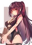  ball bare_shoulders beachball black_swimsuit braid breasts casual_one-piece_swimsuit cleavage cowboy_shot eyebrows_visible_through_hair girls_frontline hair_between_eyes hair_ribbon halterneck highres large_breasts long_hair looking_at_viewer one-piece_swimsuit outside_border parted_lips ponytail purple_hair red_eyes ribbon simple_background single_sidelock solo soukou_makura swimsuit thigh_strap tsurime very_long_hair wa2000_(girls_frontline) wet 