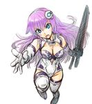  amania_orz angry blue_eyes blush breasts choujigen_game_neptune cleavage elbow_gloves fighting_stance full_body gloves hair_ornament long_hair looking_at_viewer medium_breasts nepgear neptune_(series) open_mouth pink_hair purple_sister simple_background sword weapon white_background 