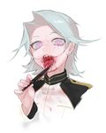  blood blood_drip blood_on_face cropped_torso forked_tongue grey_hair holding holding_knife horror_(theme) knife licking long_sleeves looking_at_viewer military military_jacket military_uniform ohisashiburi open_mouth original pink_eyes sharp_teeth short_hair simple_background solo teeth tongue tongue_out uniform white_background 
