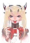 absurdres aqua_eyes bad_id bad_pixiv_id bangs blonde_hair blood blood_on_face cup dress drinking_glass evil_grin evil_smile fangs forked_tongue grin highres holding holding_cup horizontal_pupils horns long_hair looking_at_viewer multiple_horns ohisashiburi open_mouth original red_dress smile solo tongue turtleneck upper_body 