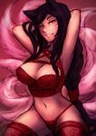  ahri animal_ears armpits arms_up black_hair braid breasts bustier cleavage commentary fox_ears fox_tail grin iahfy large_breasts league_of_legends lingerie long_hair looking_at_viewer low-tied_long_hair multiple_tails navel panties pinup red_legwear red_panties single_braid smile solo tail thighhighs underwear underwear_only whisker_markings yellow_eyes 