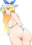 ass bent_over bikini blonde_hair blush breasts commentary_request cowboy_shot from_behind hat hat_ribbon jajao large_breasts long_hair looking_at_viewer looking_back parted_lips ribbon sideboob solo swimsuit thigh_gap touhou watatsuki_no_toyohime white_bikini yellow_eyes 