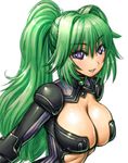  amania_orz areolae blush bodysuit breasts cleavage elbow_gloves gloves green_hair green_heart kami_jigen_game_neptune_v large_breasts leotard long_hair looking_at_viewer midriff navel neptune_(series) ponytail purple_eyes shiny shiny_clothes shiny_hair shiny_skin simple_background smile solo stomach symbol-shaped_pupils tied_hair upper_body very_long_hair white_background 