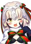  bad_id bad_pixiv_id bell black_bra blonde_hair blush bra cheek_poking commentary_request d: eyebrows_visible_through_hair fate/grand_order fate_(series) gloves green_ribbon hair_ribbon highres jeanne_d'arc_(fate)_(all) jeanne_d'arc_alter_santa_lily kouyafu looking_at_viewer multicolored multicolored_ribbon multiple_girls one_eye_closed open_mouth out_of_frame pale_skin poking pov pov_hands red_ribbon ribbon short_hair simple_background tiara underwear v-shaped_eyebrows white_background yellow_eyes 