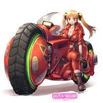  akira amania_orz bakuon!! blonde_hair bodysuit boots breasts brown_eyes cleavage collar ground_vehicle large_breasts long_hair looking_at_viewer motor_vehicle motorcycle open_clothes riding simple_background sitting smile solo suzunoki_rin twintails white_background 