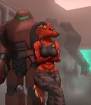  anthro armor battletech breasts camo canid canine canis clothing crossed_arms crossed_legs female inner_ear_fluff looking_at_viewer mammal pants shirt smile smirk solo standing tank_top testowepiwko wolf 